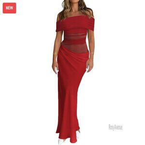 Off Shoulder Mesh Maxi Dress Ruched Club Party Cocktail Sexy